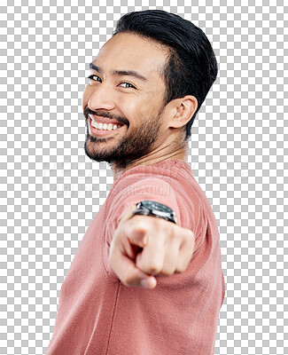 Buy stock photo Man, portrait and smile with pointing to you for selection, opportunity and motivation with support and choice. Winner, confident and person with hand gesture isolated on a png transparent background