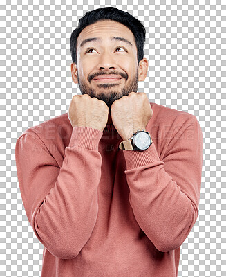 Buy stock photo Man, shy and smile with thinking for idea, daydreaming and in love with vision. Asian person, stylish and cute with hands on chin pose for introvert on isolated, transparent and png background