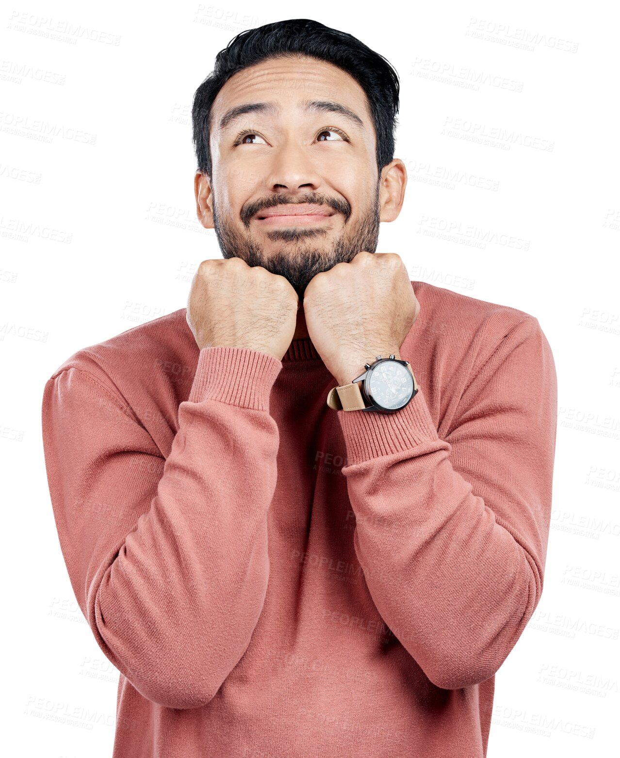 Buy stock photo Man, shy and smile with thinking for idea, daydreaming and in love with vision. Asian person, stylish and cute with hands on chin pose for introvert on isolated, transparent and png background