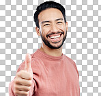 Asian man, portrait smile and thumbs up for success, good job or