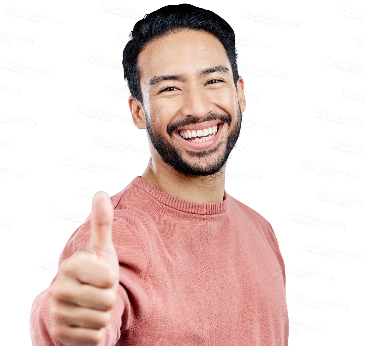 Buy stock photo Asian man, thumbs up and portrait with smile for support, agreement and yes isolated on png transparent background. Happy with success, praise and pride for winner, like emoji with vote and feedback