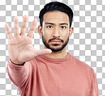 Portrait, five and hand for stop, Asian man and warning with ser