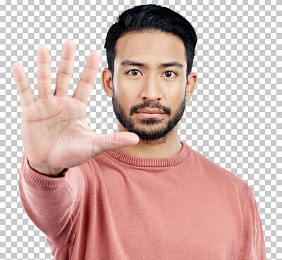 Buy stock photo Man, hand and stop in portrait for security, warning or caution with gesture isolated on png transparent background. Sign, signal and palm up for danger, reject or denial with no entry for safety