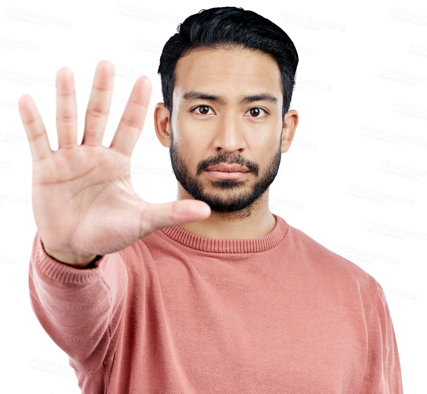 Buy stock photo Man, hand and stop in portrait for security, warning or caution with gesture isolated on png transparent background. Sign, signal and palm up for danger, reject or denial with no entry for safety