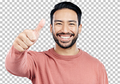 Buy stock photo Portrait, thumbs up and happy asian man with winner sign on isolated, transparent or png background. Success, hands pr face of Japanese model with yes emoji for feedback, review or service excellence