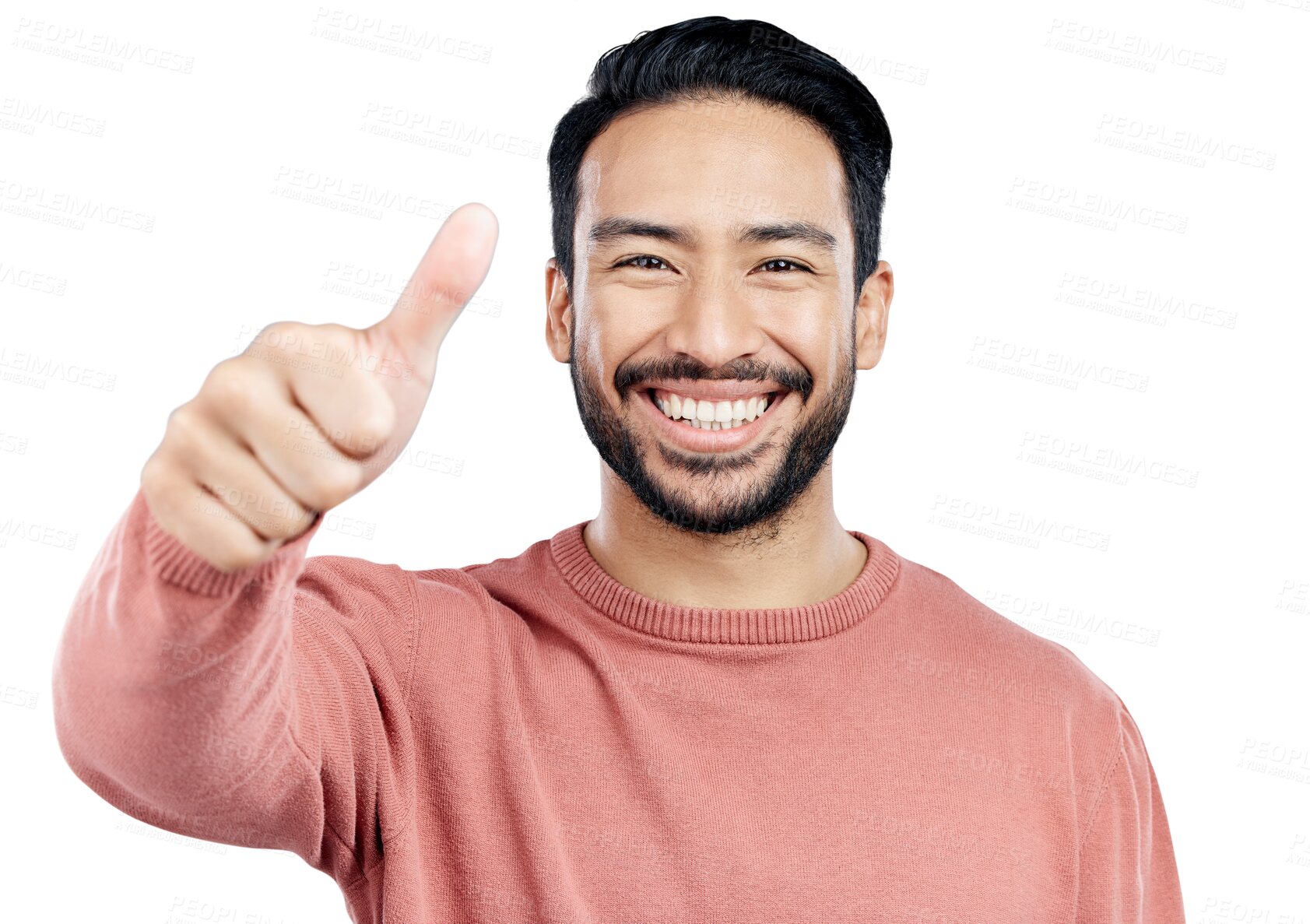 Buy stock photo Portrait, thumbs up and happy asian man with winner sign on isolated, transparent or png background. Success, hands pr face of Japanese model with yes emoji for feedback, review or service excellence