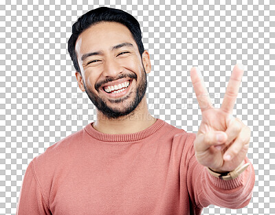 Buy stock photo Peace, hands and portrait of happy asian man with winner sign on isolated, transparent or png background. V, emoji or Japanese model face with thank you, vote or feedback support, gesture or icon