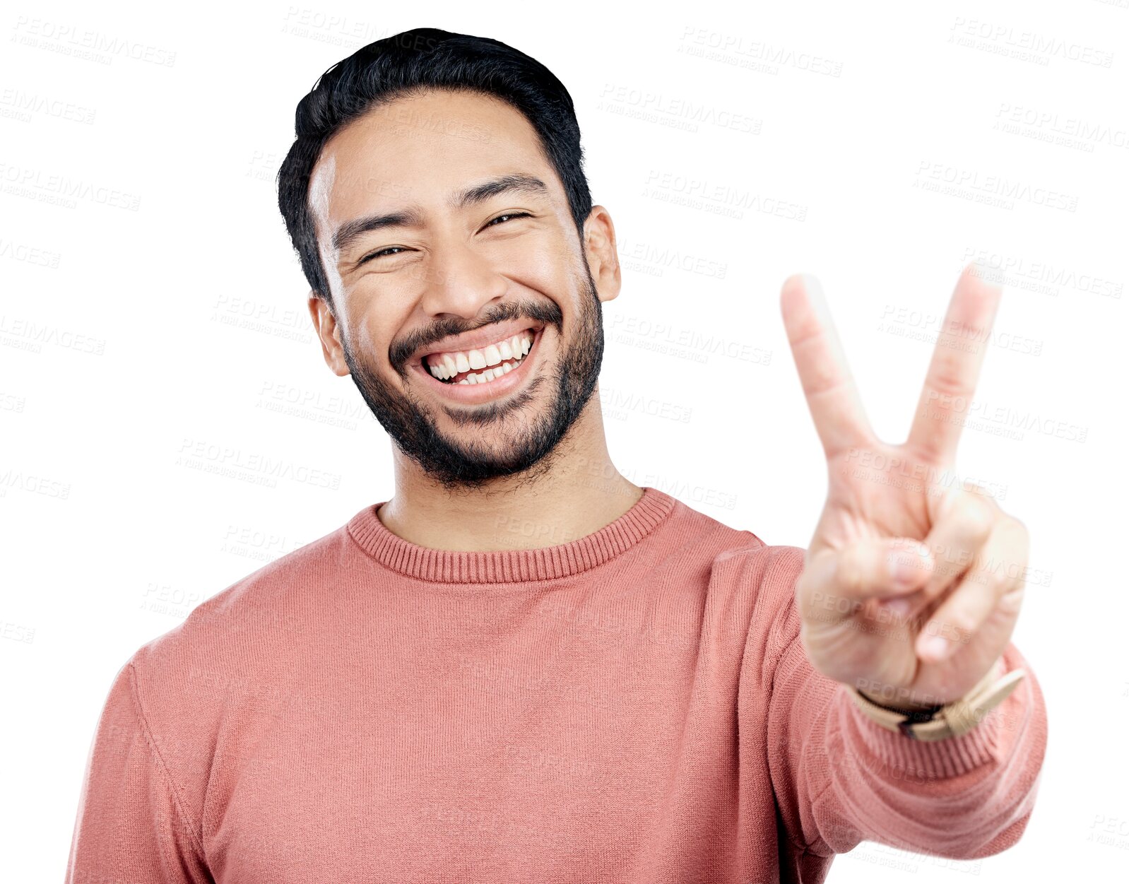 Buy stock photo Peace, hands and portrait of happy asian man with winner sign on isolated, transparent or png background. V, emoji or Japanese model face with thank you, vote or feedback support, gesture or icon