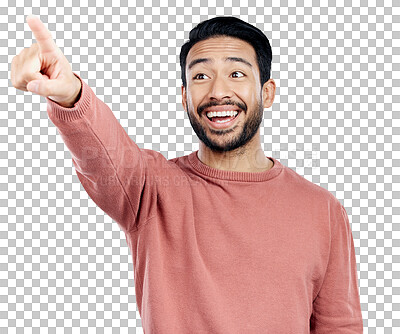 Buy stock photo Man, face and pointing to direction or information for advertising, marketing and promotion with announcement. Excited, decision and person with hand gesture isolated on a png transparent background