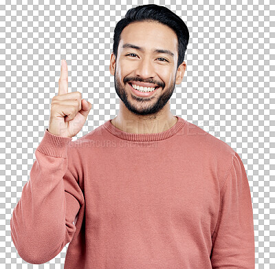 Buy stock photo Man, portrait and pointing to announcement or information for advertising, marketing and promotion with direction. Smile, decision or person with hand gesture isolated on a png transparent background