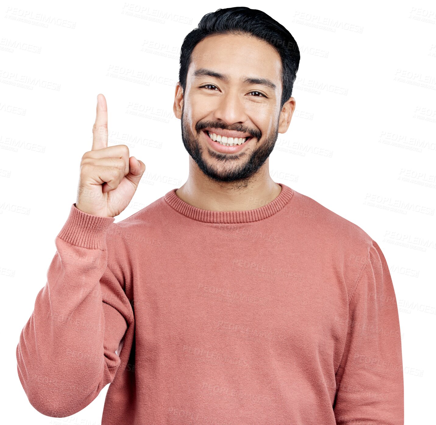 Buy stock photo Man, portrait and pointing to announcement or information for advertising, marketing and promotion with direction. Smile, decision or person with hand gesture isolated on a png transparent background