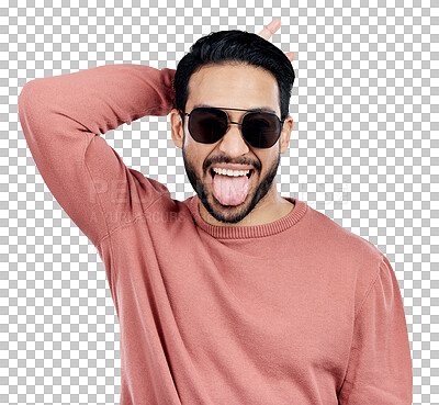 Buy stock photo Man, portrait and tongue out with or funny face or silly comedy, bunny ears or happiness. Asian person, smile and sunglasses in Japan or isolated transparent png background, humor expression or goofy