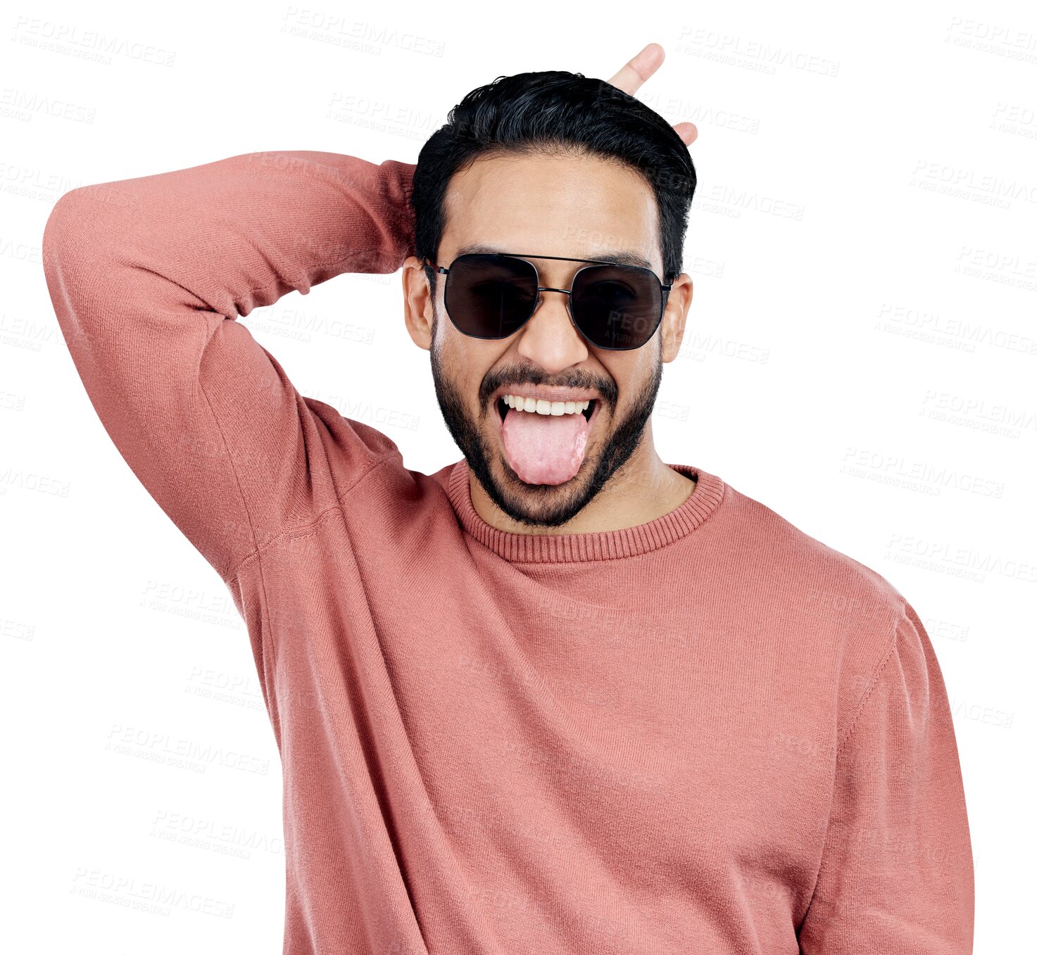 Buy stock photo Man, portrait and tongue out with or funny face or silly comedy, bunny ears or happiness. Asian person, smile and sunglasses in Japan or isolated transparent png background, humor expression or goofy