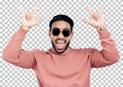 Buy stock photo Portrait, rock on and hand gesture of excited man in sunglasses, cool and crazy expression for fashion isolated on a transparent png background. Face, person and show devil horns, sign and symbol