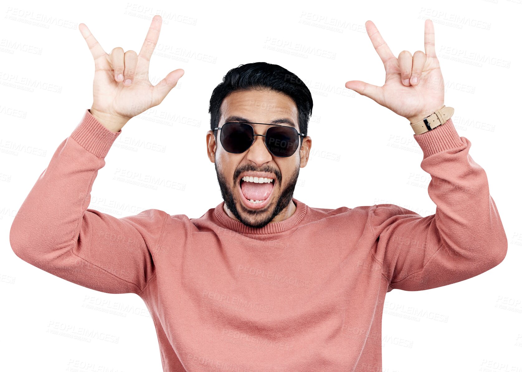 Buy stock photo Portrait, rock on and hand gesture of excited man in sunglasses, cool and crazy expression for fashion isolated on a transparent png background. Face, person and show devil horns, sign and symbol