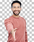 Asian man, portrait smile and handshake for meeting, deal or int