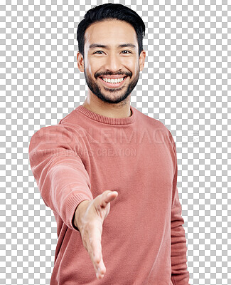 Buy stock photo Asian man, handshake and offer with welcome in portrait, introduction or hello isolated on png transparent background. Shaking hands, smile with congratulations or thank you, meeting and partnership