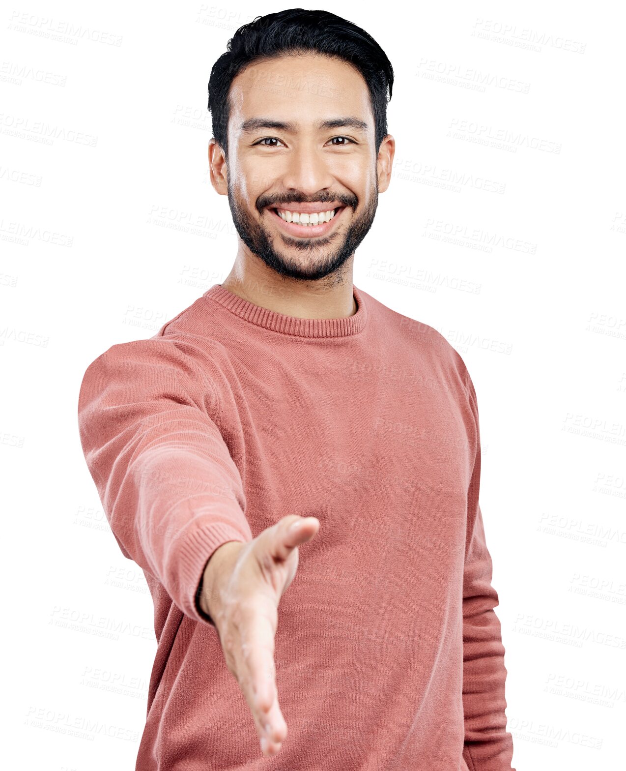 Buy stock photo Asian man, handshake and offer with welcome in portrait, introduction or hello isolated on png transparent background. Shaking hands, smile with congratulations or thank you, meeting and partnership