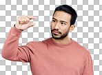 Little, small sign and hand of man in studio on white background