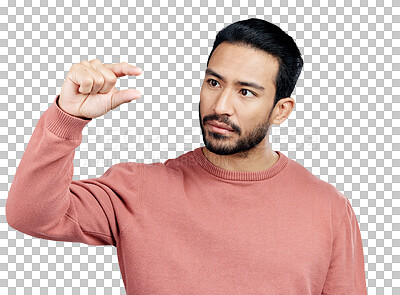 Little, small sign and hand of man in studio on white background