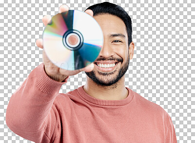 Buy stock photo Happy man, portrait or cd isolated with smile, recording or technology on transparent png background. Asian model, retro or vintage compact disc in hand for movie, audio or sound to store multimedia