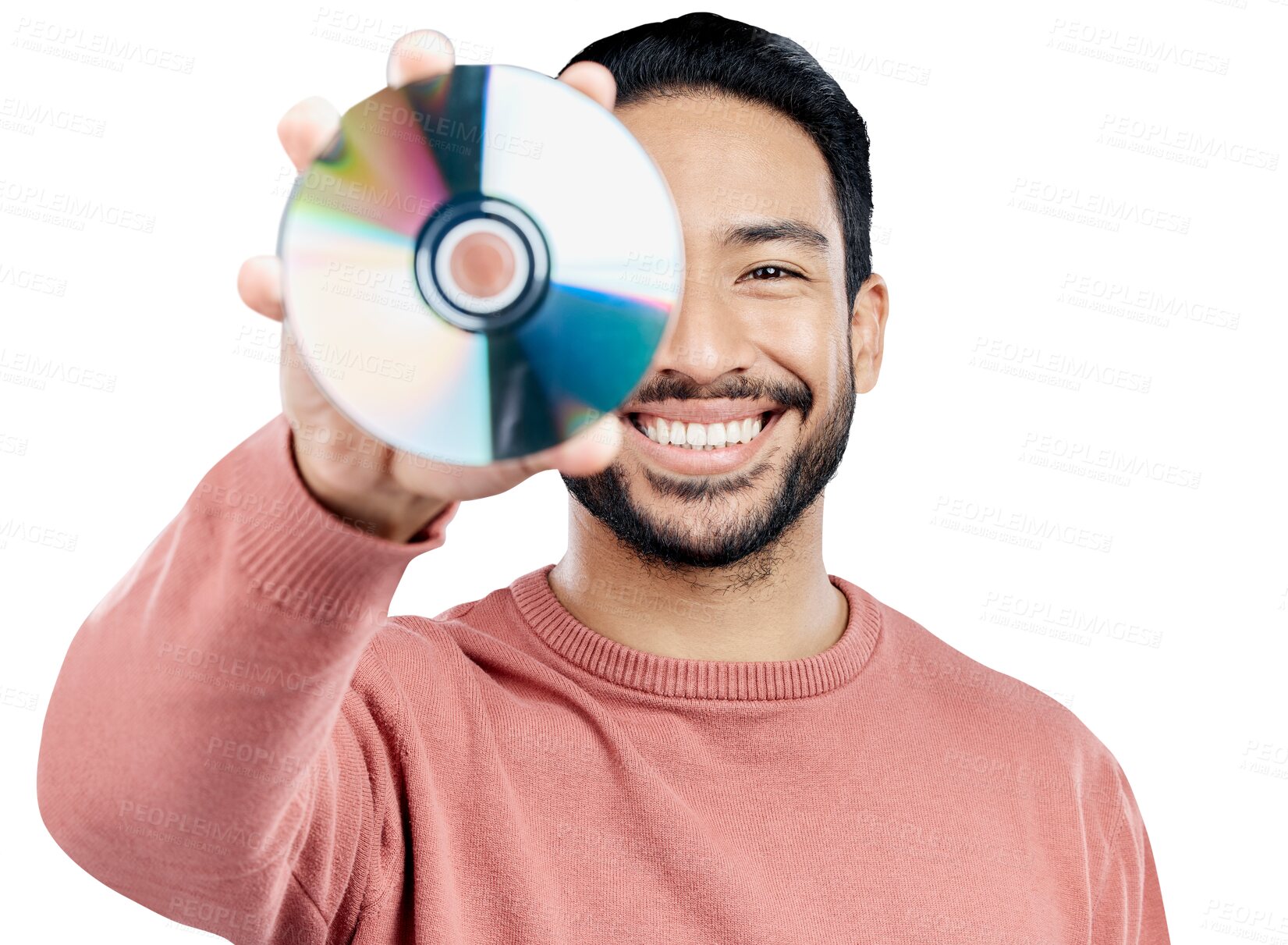 Buy stock photo Happy man, portrait or cd isolated with smile, recording or technology on transparent png background. Asian model, retro or vintage compact disc in hand for movie, audio or sound to store multimedia