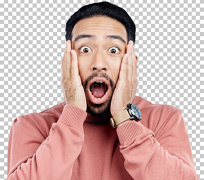 Buy stock photo Portrait, man or open mouth in shock and touching face with wow or omg for surprise announcement. Indian male person with hands to head for exciting wtf news or isolated on transparent png background