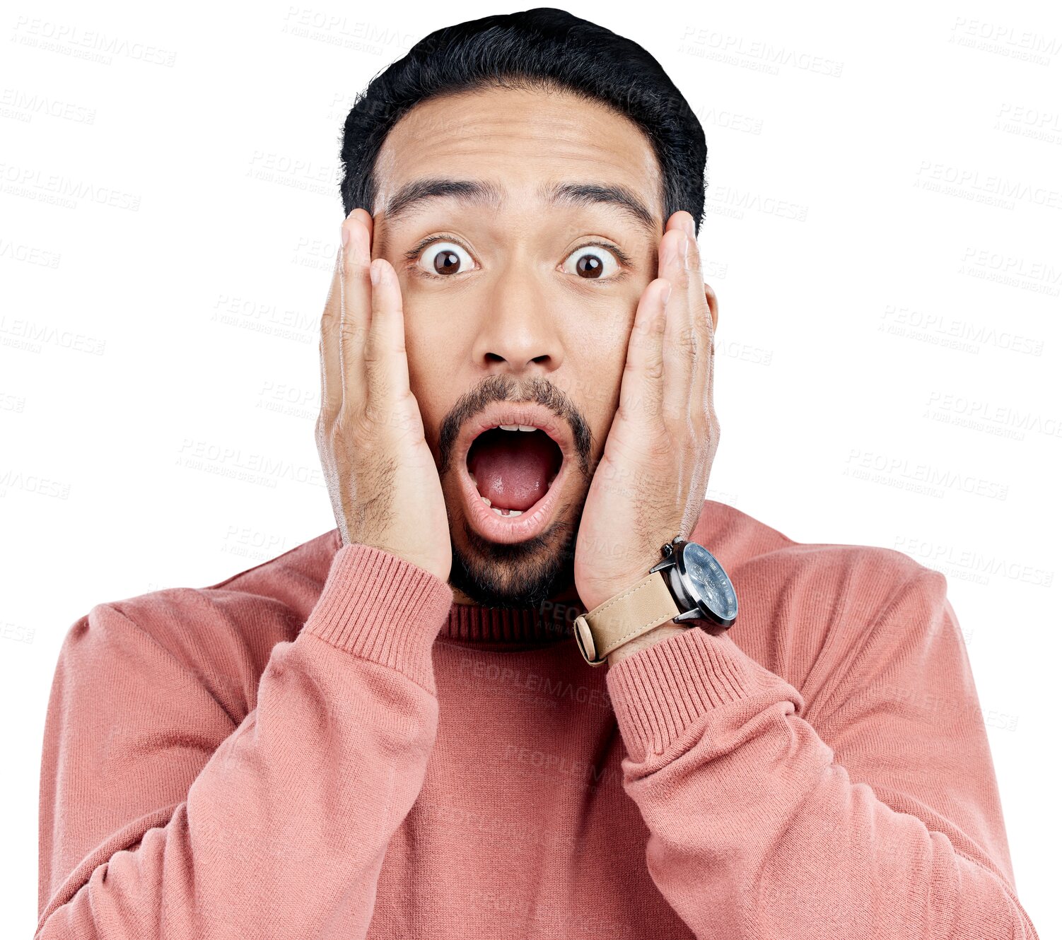 Buy stock photo Portrait, man or open mouth in shock and touching face with wow or omg for surprise announcement. Indian male person with hands to head for exciting wtf news or isolated on transparent png background