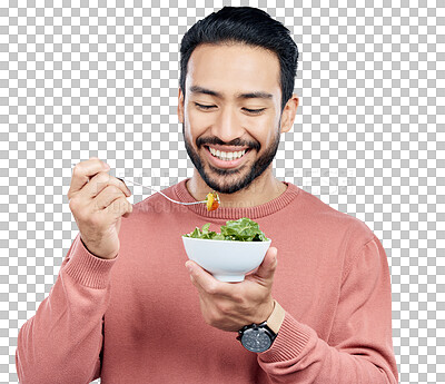 Buy stock photo Healthy, man and eating salad for wellness with happiness, vegetables and nutrition for weightloss. Asian person, smile with meal or diet for health benefits isolated on a png transparent background