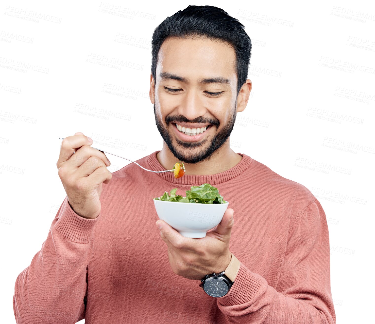 Buy stock photo Healthy, man and eating salad for wellness with happiness, vegetables and nutrition for weightloss. Asian person, smile with meal or diet for health benefits isolated on a png transparent background