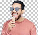 Summer, sunglasses and ice cream with a man in studio on a gray