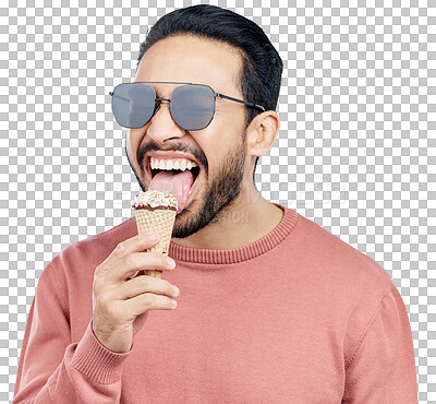 Buy stock photo Summer, sunglasses and man with ice cream for dessert, sweet treat or cold snack on vacation. Food, fashion and excited male person with eating cone on isolated, transparent and png background