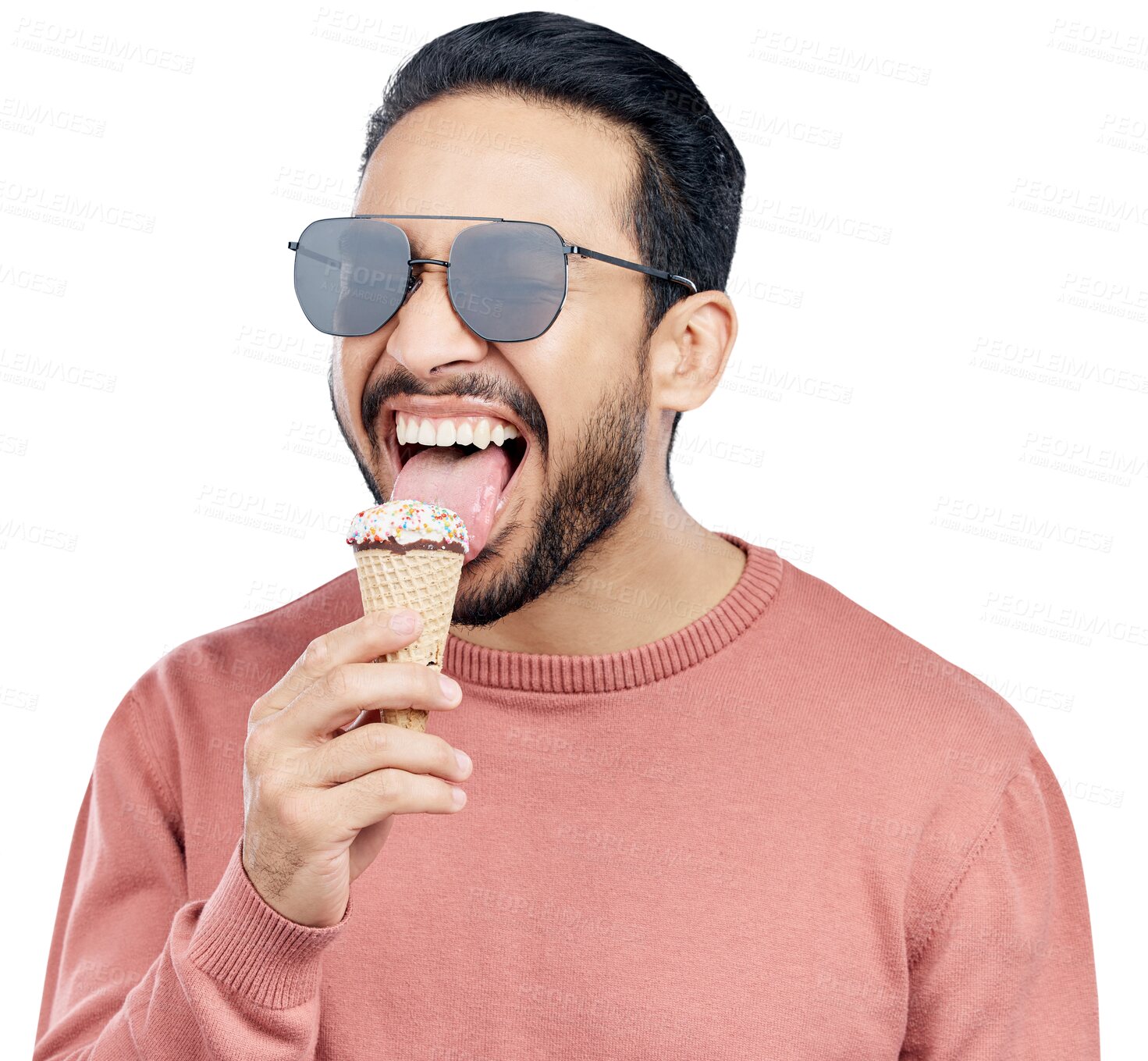 Buy stock photo Summer, sunglasses and man with ice cream for dessert, sweet treat or cold snack on vacation. Food, fashion and excited male person with eating cone on isolated, transparent and png background