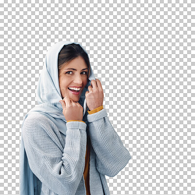 Buy stock photo Fashion, hijab and portrait of young muslim woman with casual, trendy and modern outfit. Happy, head scarf and islamic person with traditional religion style isolated by transparent png background.