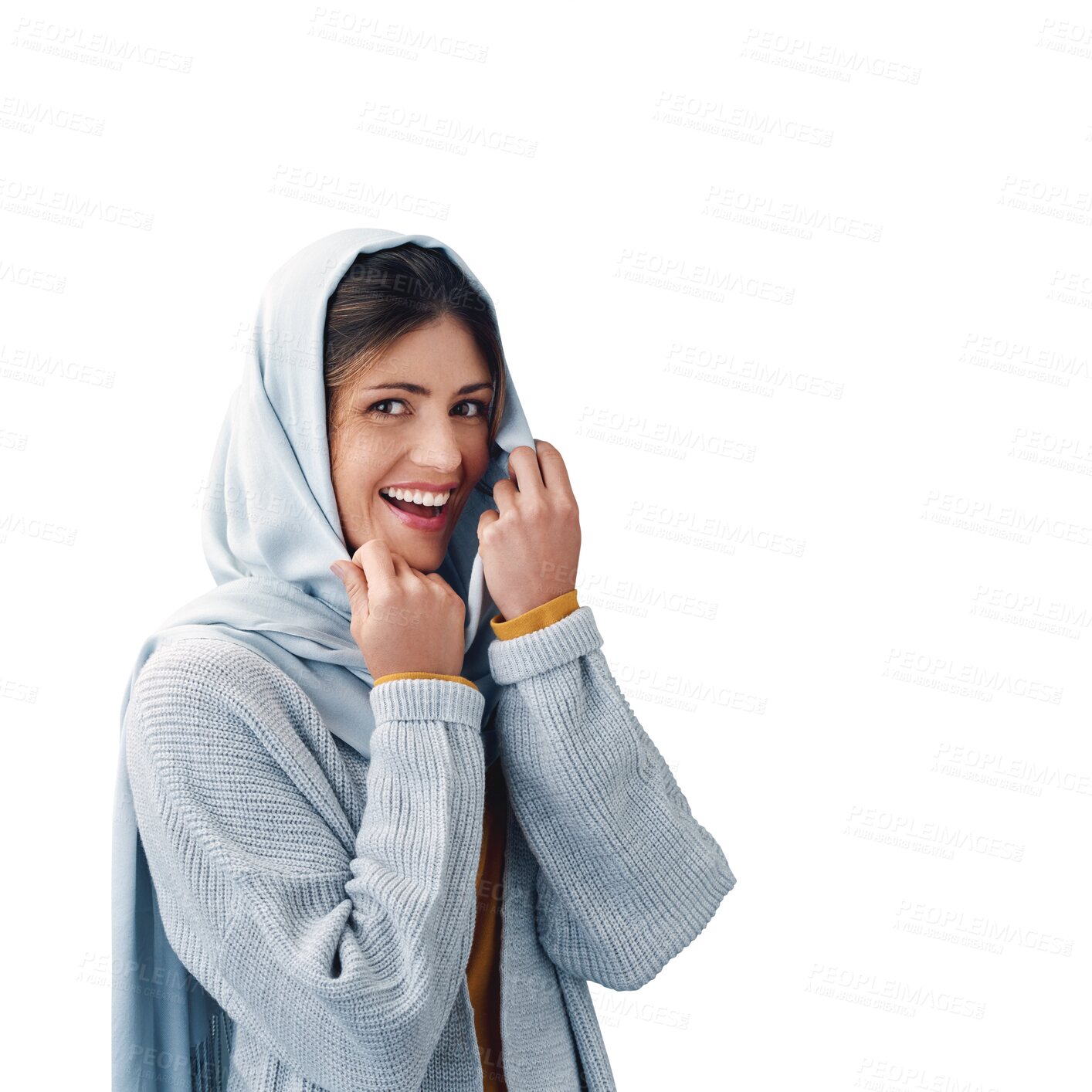 Buy stock photo Fashion, hijab and portrait of young muslim woman with casual, trendy and modern outfit. Happy, head scarf and islamic person with traditional religion style isolated by transparent png background.