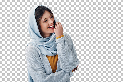 Buy stock photo Fashion, smile and young muslim woman with hijab for casual, trendy and modern outfit. Happy, head scarf and islamic person with traditional religion style isolated by transparent png background.