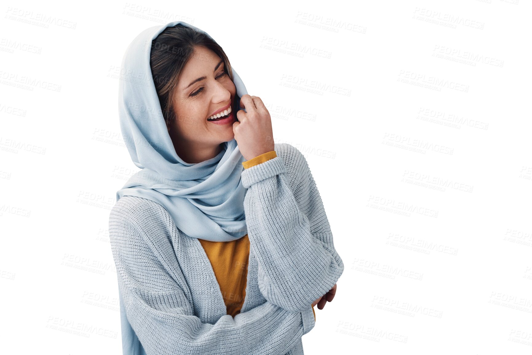 Buy stock photo Fashion, smile and young muslim woman with hijab for casual, trendy and modern outfit. Happy, head scarf and islamic person with traditional religion style isolated by transparent png background.