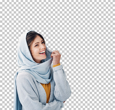 Buy stock photo Style, smile and young muslim woman with hijab for casual, trendy and modern outfit. Happy, head scarf and islamic person with traditional religion fashion isolated by transparent png background.