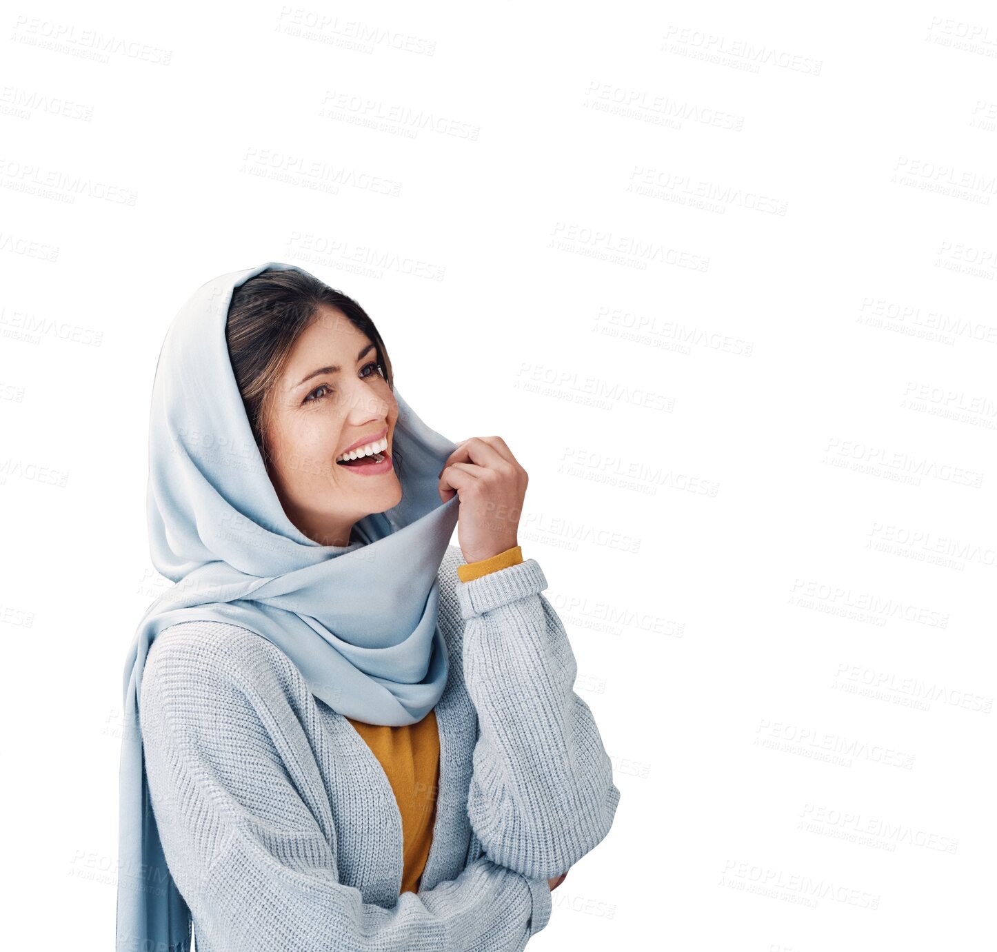 Buy stock photo Style, smile and young muslim woman with hijab for casual, trendy and modern outfit. Happy, head scarf and islamic person with traditional religion fashion isolated by transparent png background.