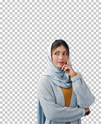 Buy stock photo Muslim, woman and thinking in hijab with ideas or planning in transparent, isolated or png background. Creative, decision and Islamic girl remember a solution, information or choice with knowledge