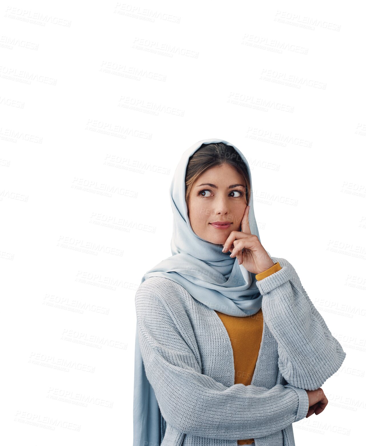 Buy stock photo Muslim, woman and thinking in hijab with ideas or planning in transparent, isolated or png background. Creative, decision and Islamic girl remember a solution, information or choice with knowledge