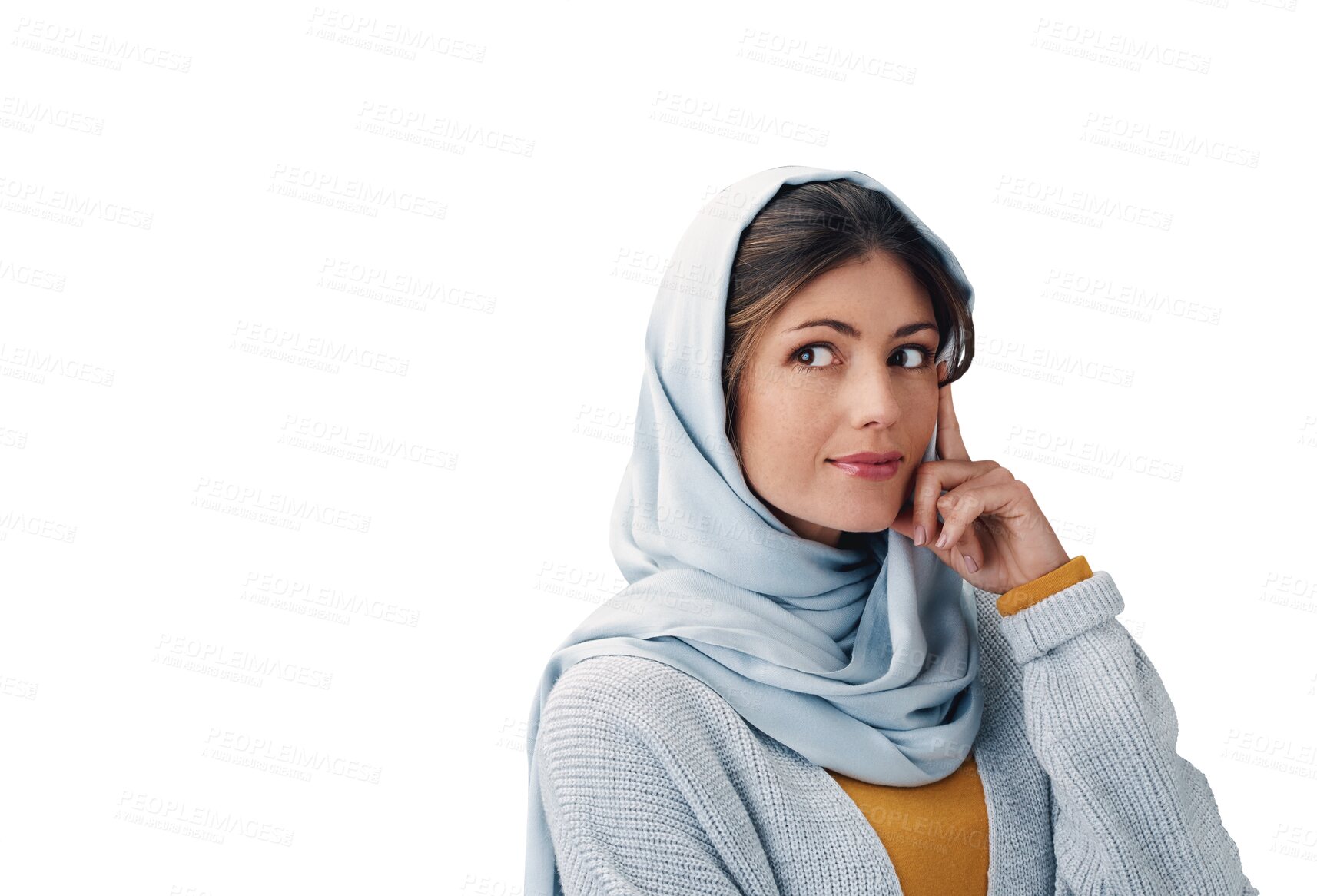 Buy stock photo Woman, thinking and muslim in hijab planning with ideas in transparent, isolated or png background. Creative, decision and Islamic girl remember a solution, information or choice with knowledge