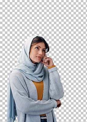 Buy stock photo Muslim, woman and thinking in hijab with ideas or planning future in transparent, isolated or png background. Creative, decision and Islamic girl remember solution, information or choice from memory