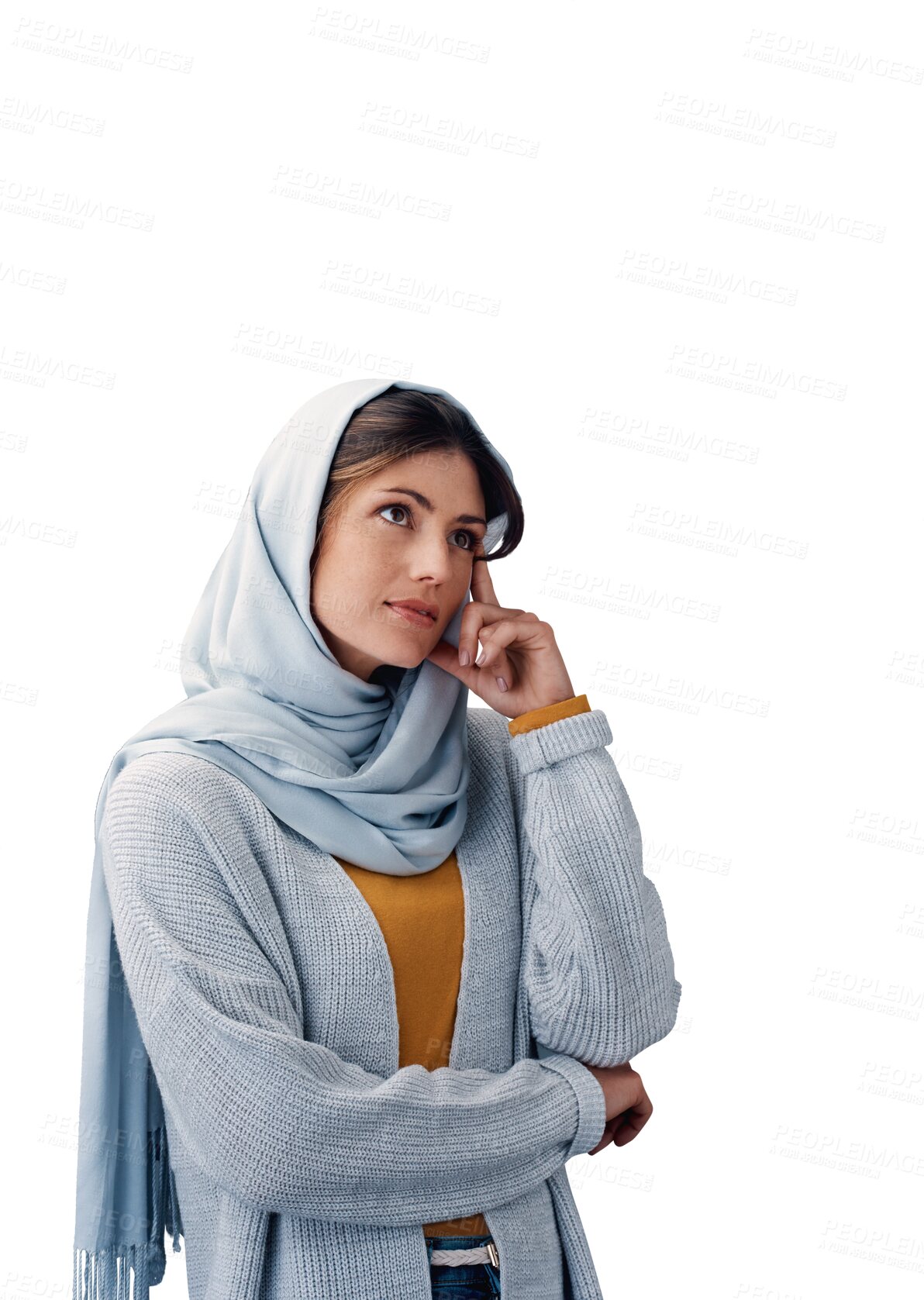 Buy stock photo Muslim, woman and thinking in hijab with ideas or planning future in transparent, isolated or png background. Creative, decision and Islamic girl remember solution, information or choice from memory