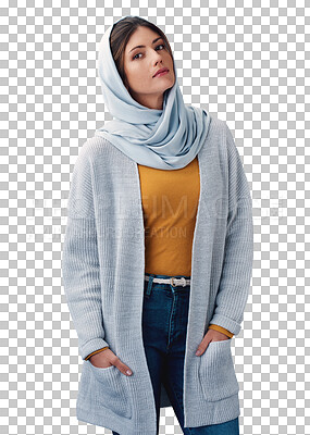 Buy stock photo Muslim, woman and portrait with hijab or confidence for eid with casual fashion, trendy outfit and calm expression. Islamic person, face and serious with relax isolated on png transparent background