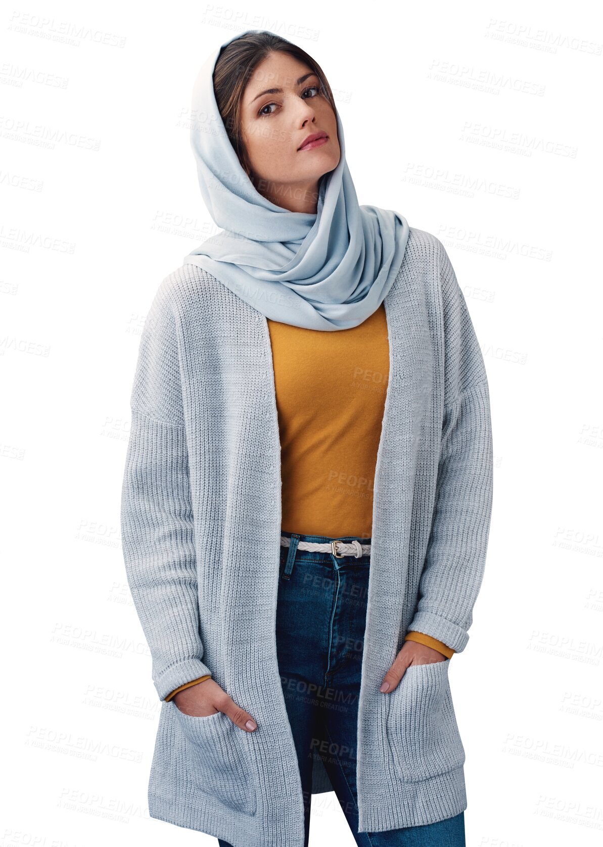 Buy stock photo Muslim, woman and portrait with hijab or confidence for eid with casual fashion, trendy outfit and calm expression. Islamic person, face and serious with relax isolated on png transparent background