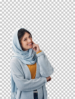 Buy stock photo Woman, thinking and muslim in hijab with ideas or planning in transparent, isolated or png background. Creative, decision and Islamic girl remember a solution, information or choice with knowledge