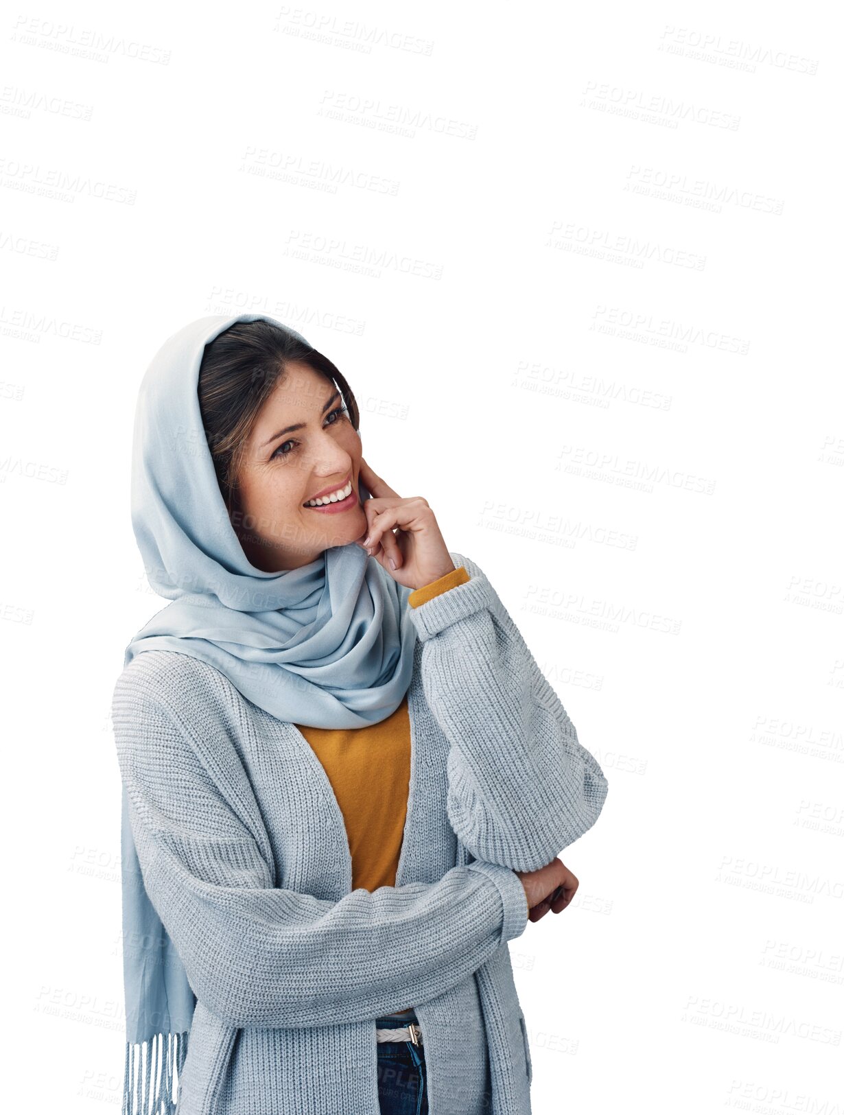 Buy stock photo Woman, thinking and muslim in hijab with ideas or planning in transparent, isolated or png background. Creative, decision and Islamic girl remember a solution, information or choice with knowledge