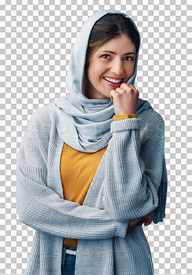 Buy stock photo Happy, hijab and portrait of young muslim woman with casual, trendy and modern arabic fashion. Smile, style and islamic female person with head scarf outfit isolated by transparent png background.