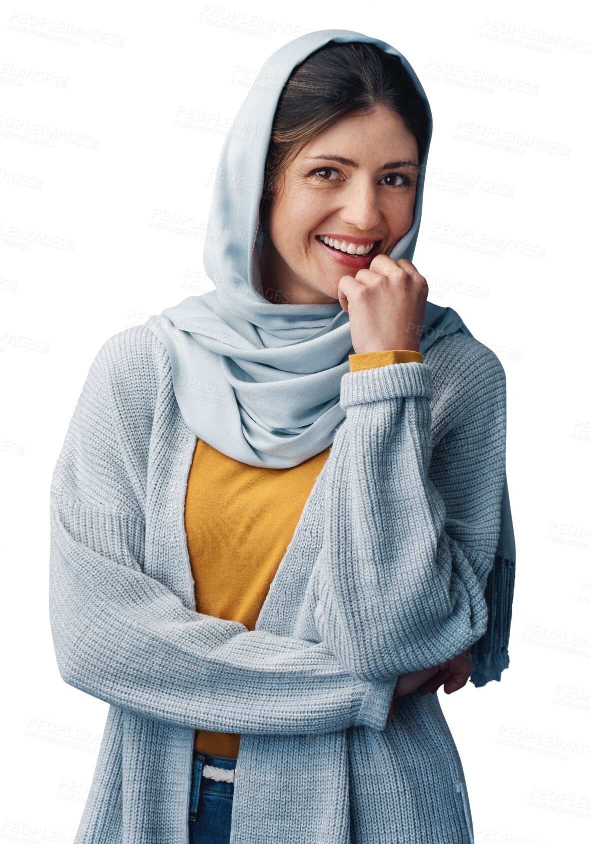 Buy stock photo Happy, hijab and portrait of young muslim woman with casual, trendy and modern arabic fashion. Smile, style and islamic female person with head scarf outfit isolated by transparent png background.